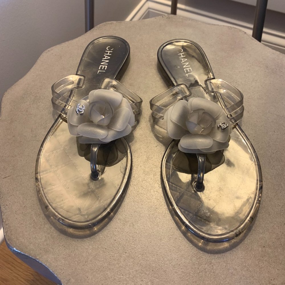 CHANEL Gray Camellia Jelly Sandals